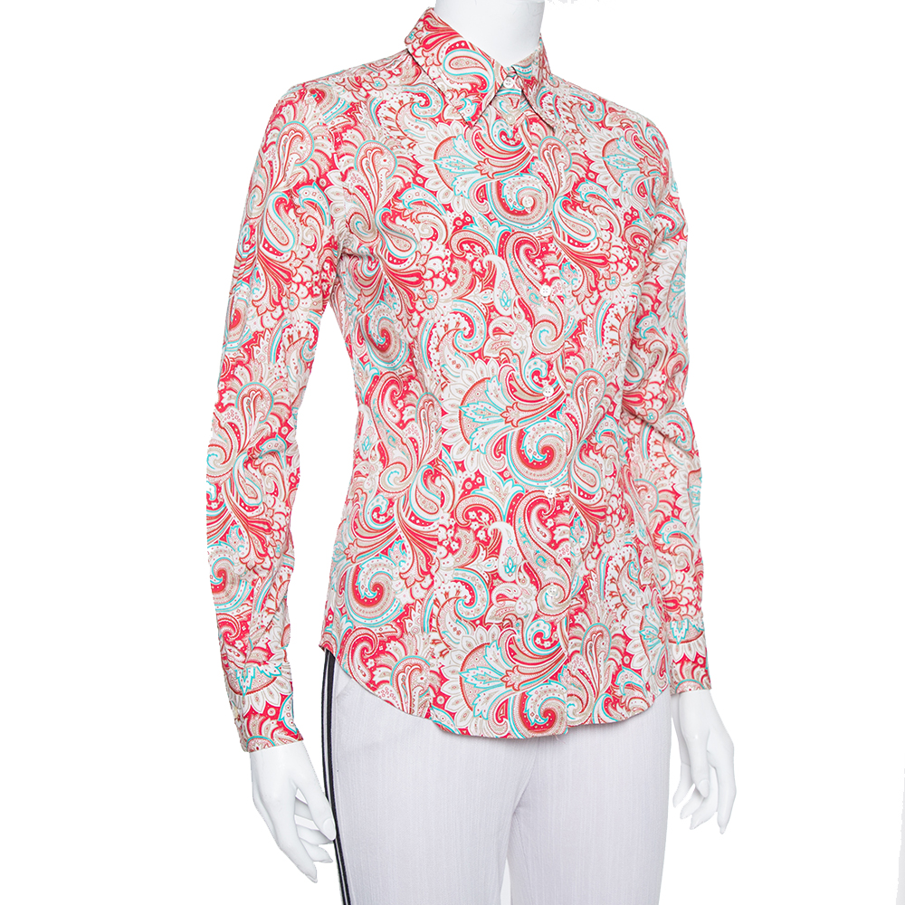 Etro Red Paisley Printed Stretch Cotton Button Front Shirt S