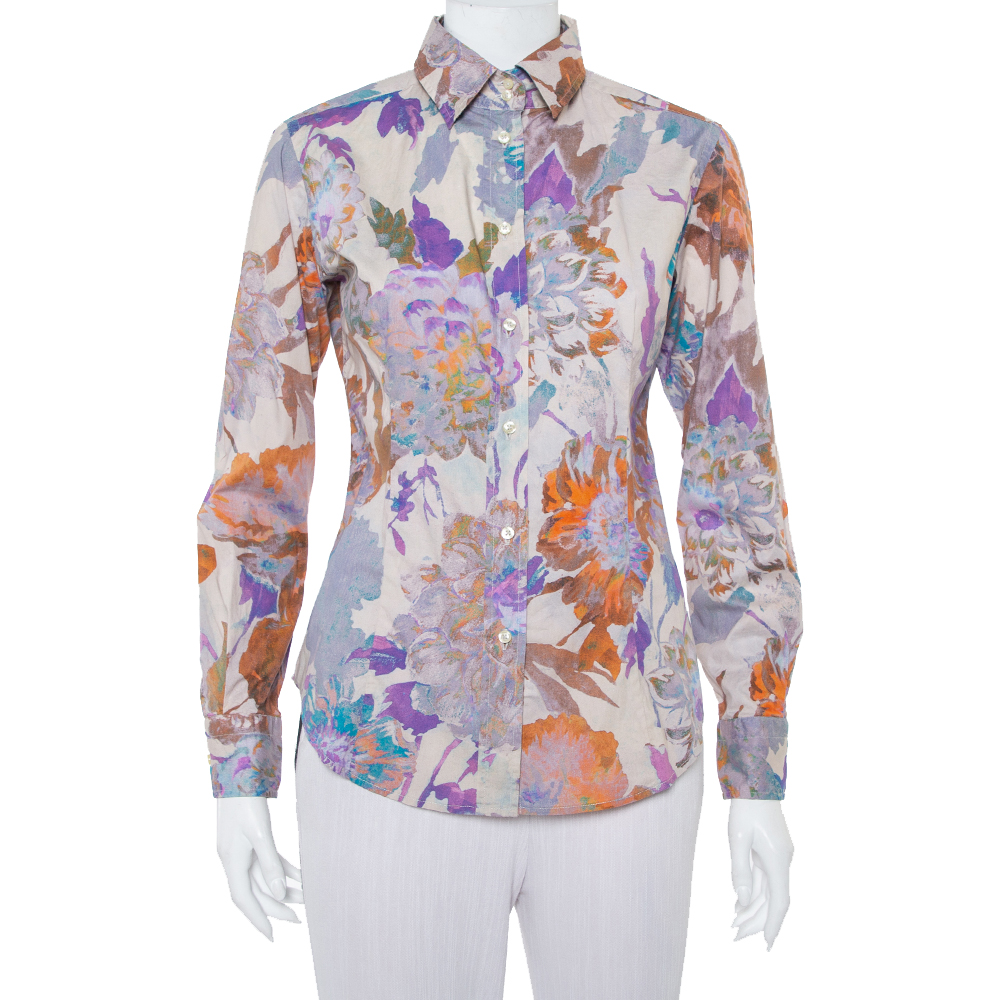 Etro multicolor abstract floral printed cotton button front fitted shirt m