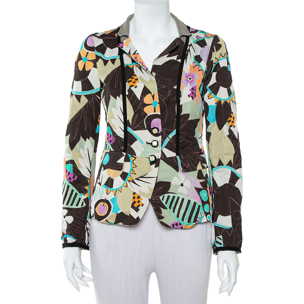 Etro multicolor abstract printed synthetic & cotton button front blazer m