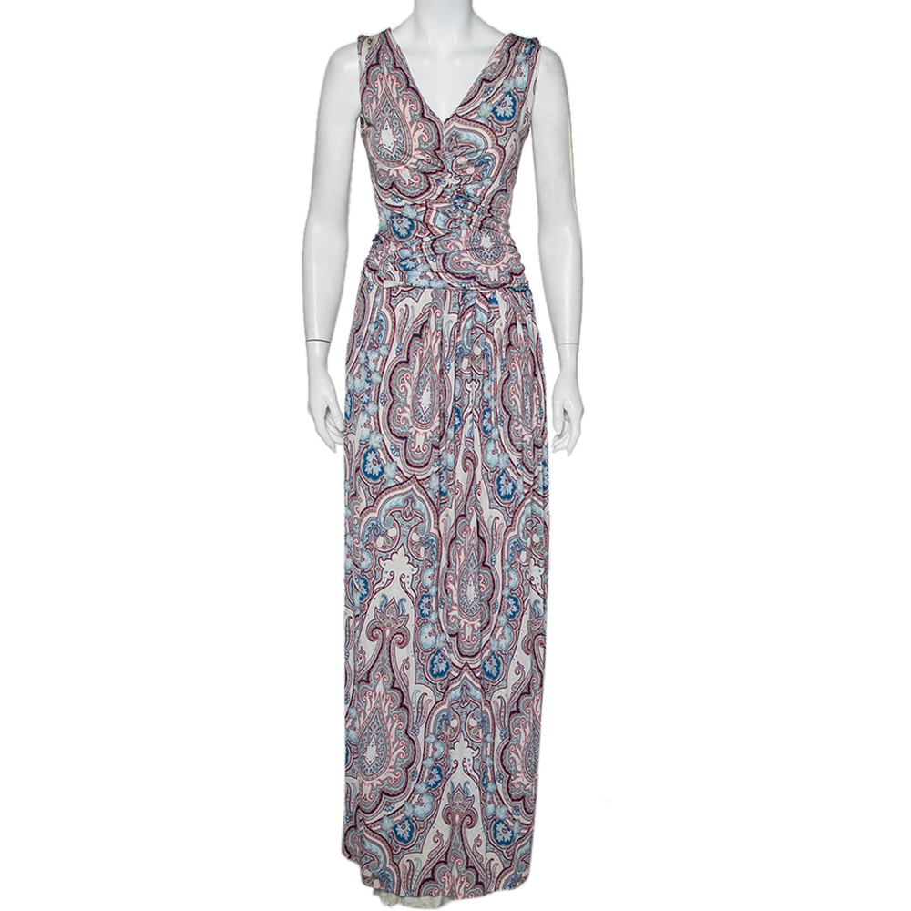 Etro Multicolor Paisley Printed Knit Ruched Belted Detail Maxi Dress M