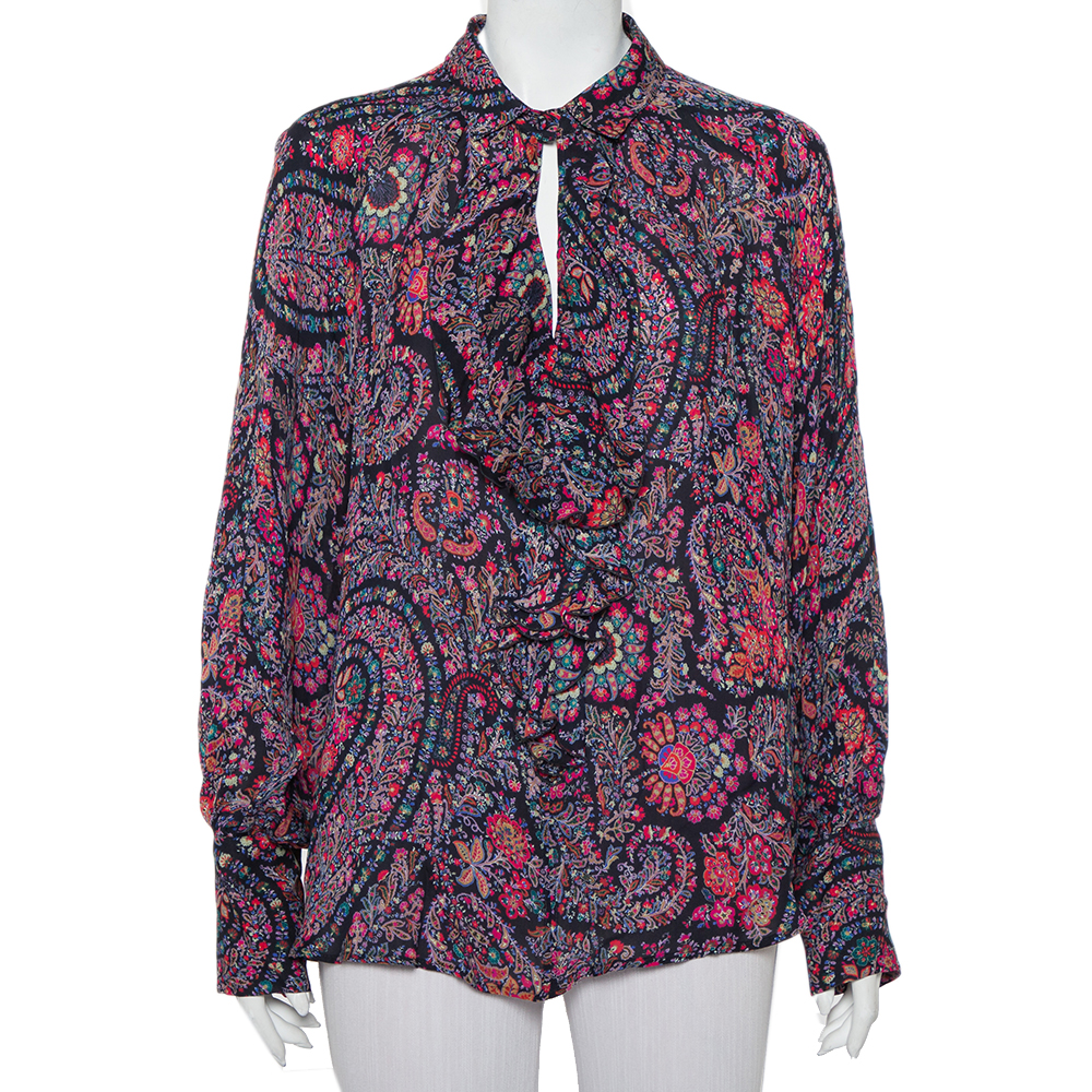 Etro Multicolor Floral Paisley Printed Ruffled Collared Top XL