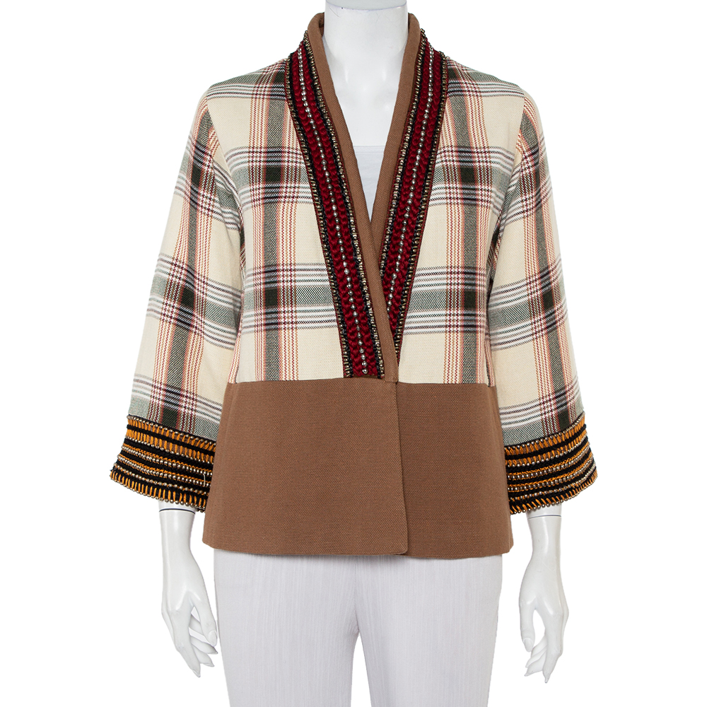 Etro Beige Checkered Paneled Cotton Tribal Trim Kimono Jacket M