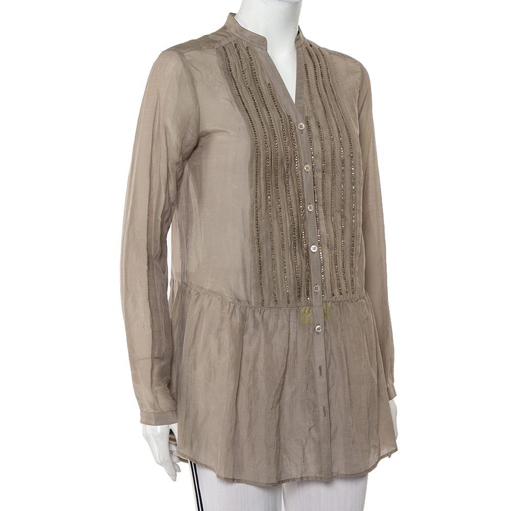 Etro Grey Cotton & Silk Beaded Detail Button Front Tunic M