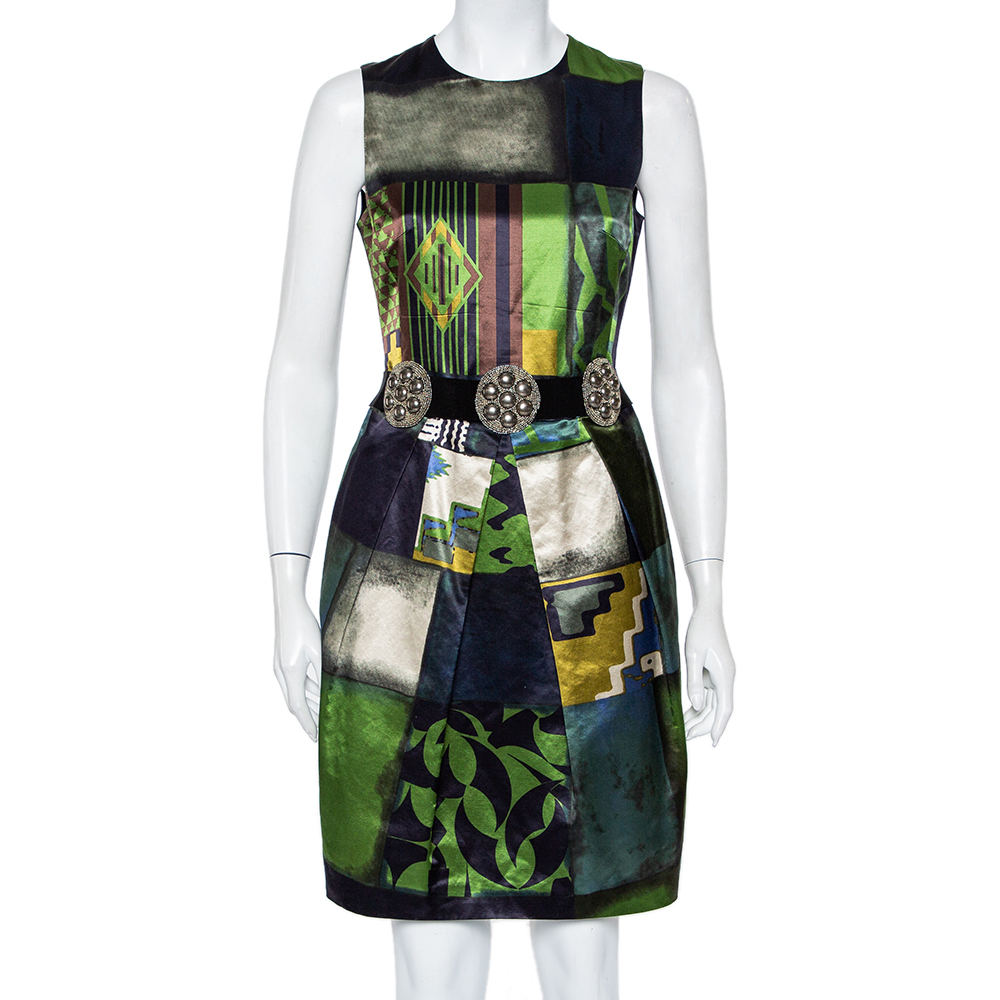 Etro Multicolor Printed Satin Embellished Waist Belt Detail Pleated Sheath Dress M
