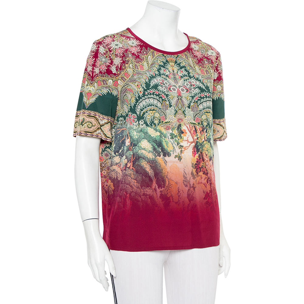 Etro Multicolor Paisley Printed Silk Ombre Effect Short Sleeve Top M