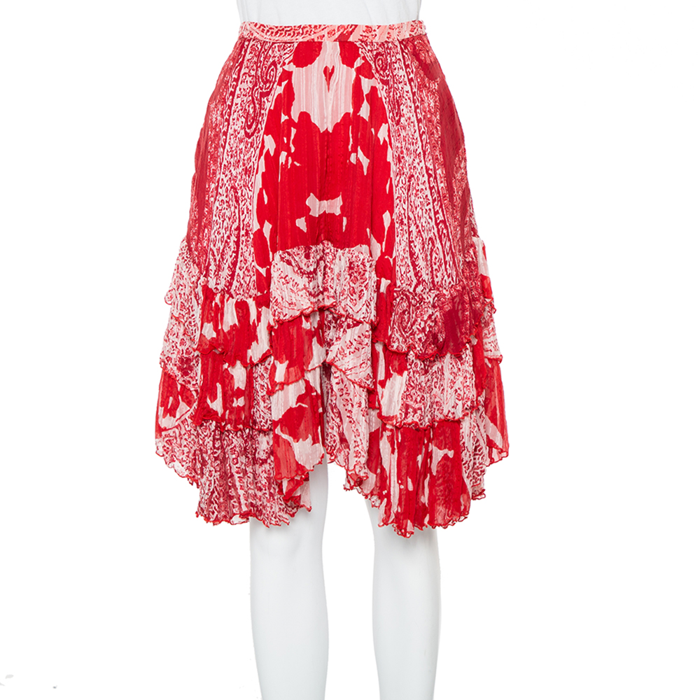 Etro Red Printed Silk Tiered Mini Skirt S