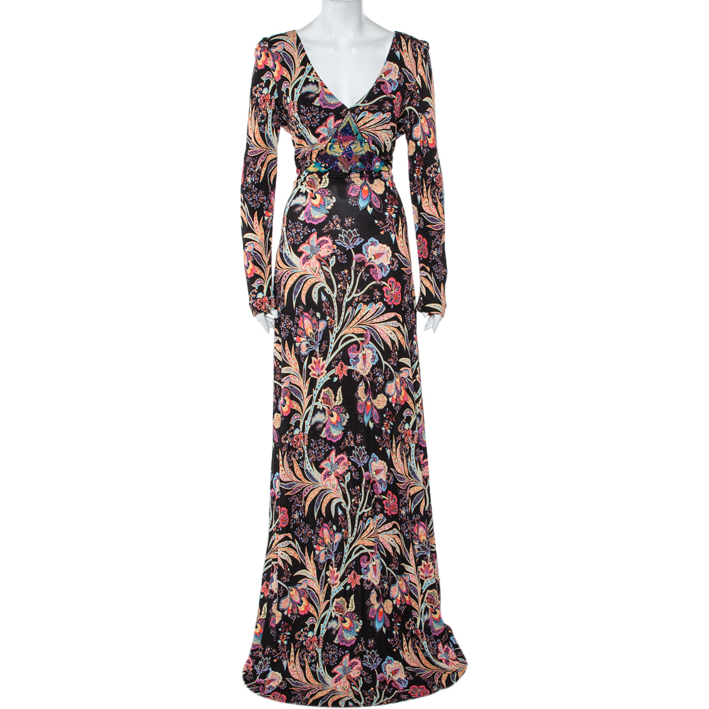 Etro Multicolor Floral Printed Jersey Embellished Detail Maxi Dress L