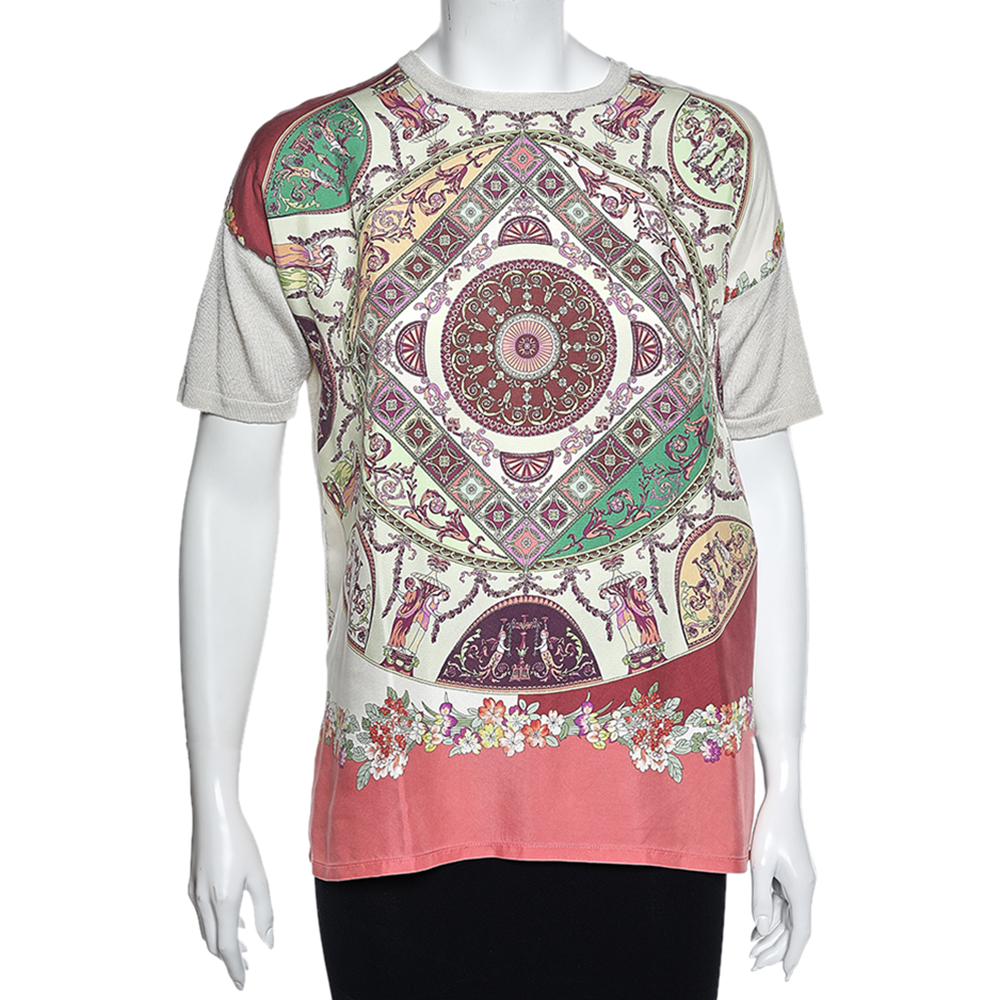 Etro multicolored printed silk & cotton knit short sleeve t-shirt s