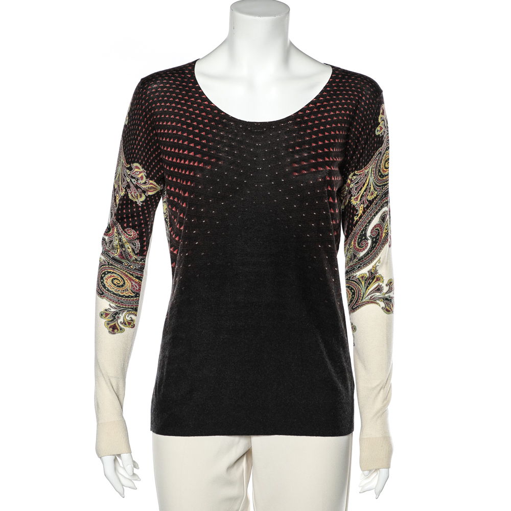 Etro Multicolor Printed Silk & Cashmere Knit Roundneck Sweater L