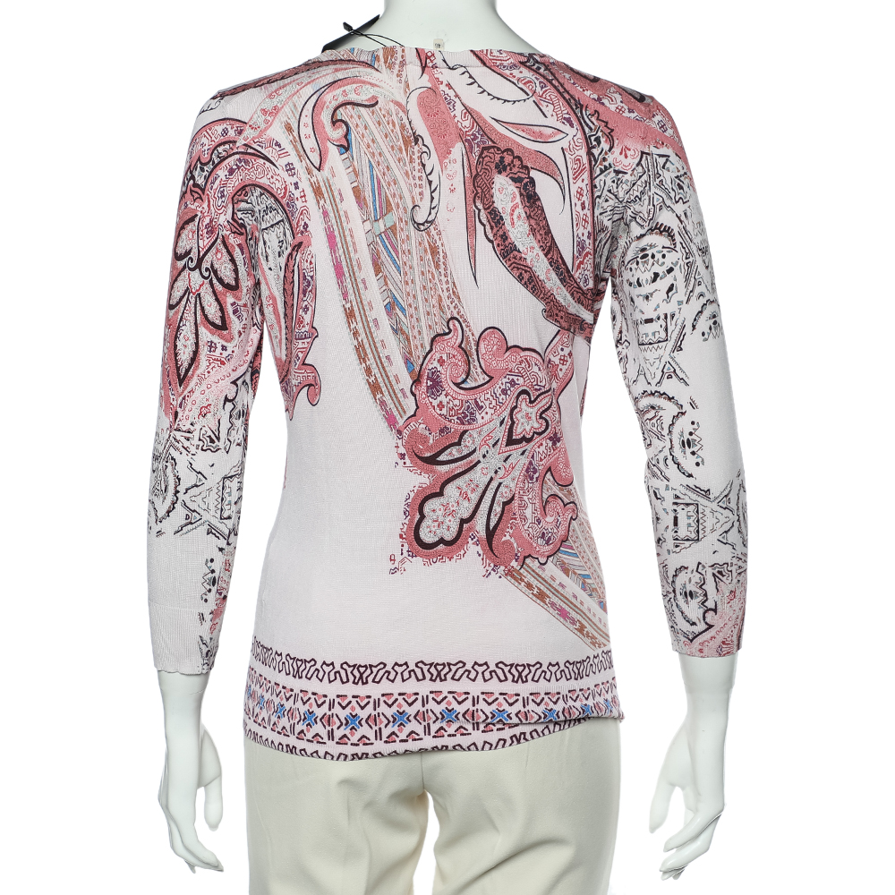 Etro Pink Paisley Printed Silk Knit Sweater L