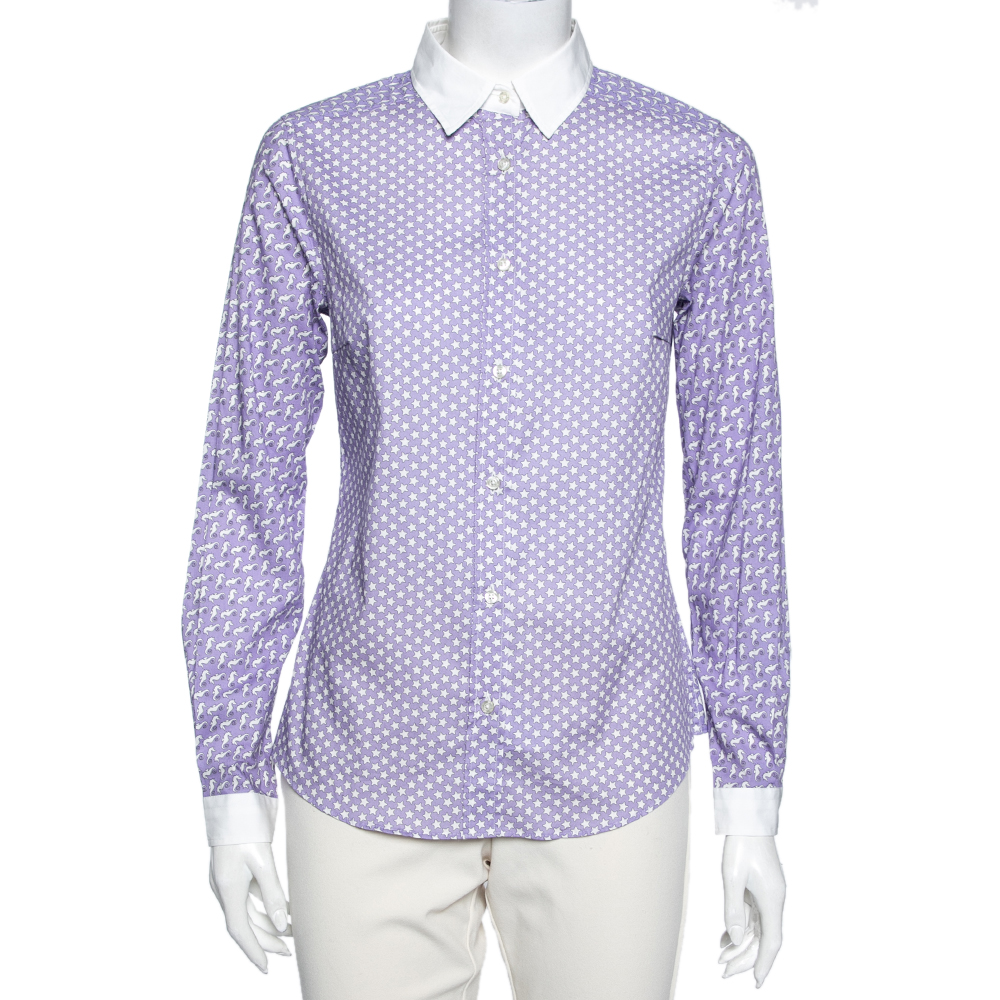 Etro purple multi motif print cotton button front shirt s