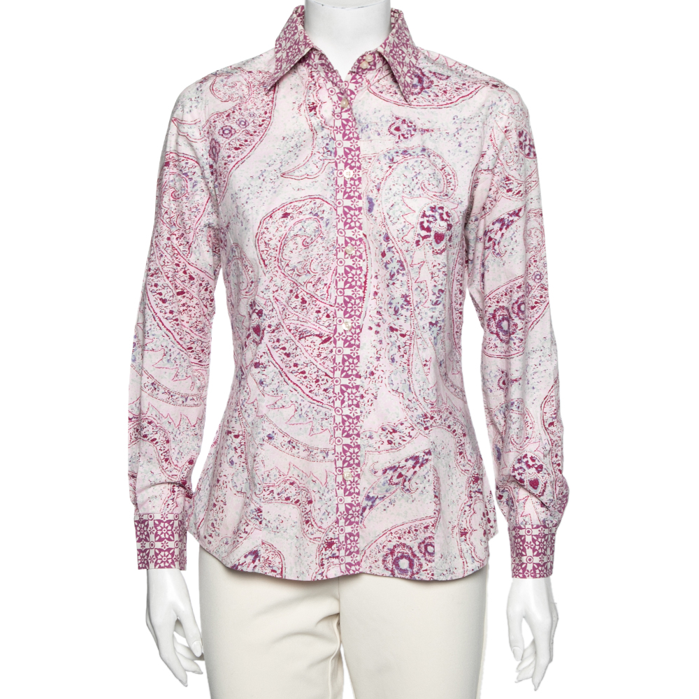 Etro pink floral printed cotton button front shirt m