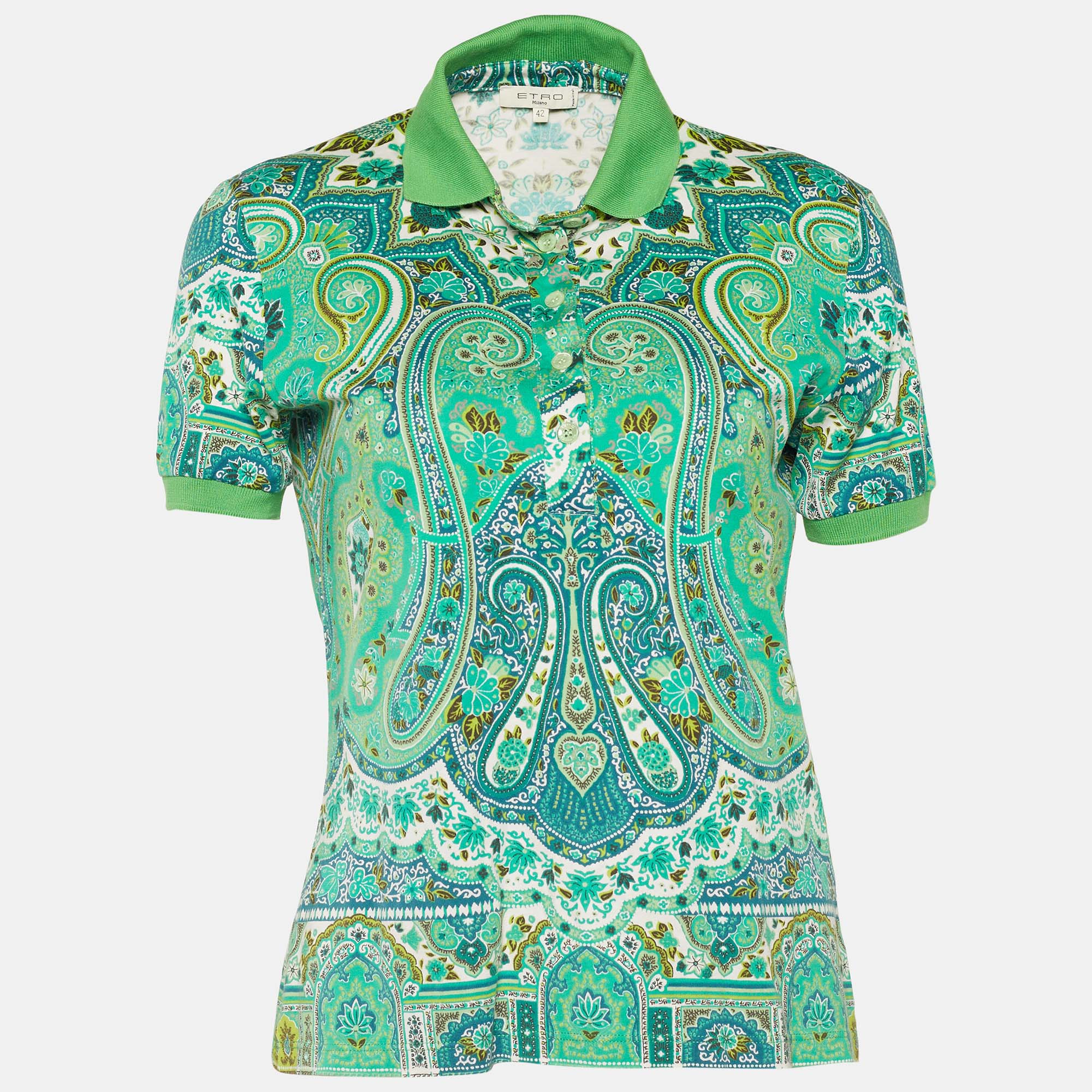 Etro Green Paisley Print Short Sleeve Polo T-Shirt M