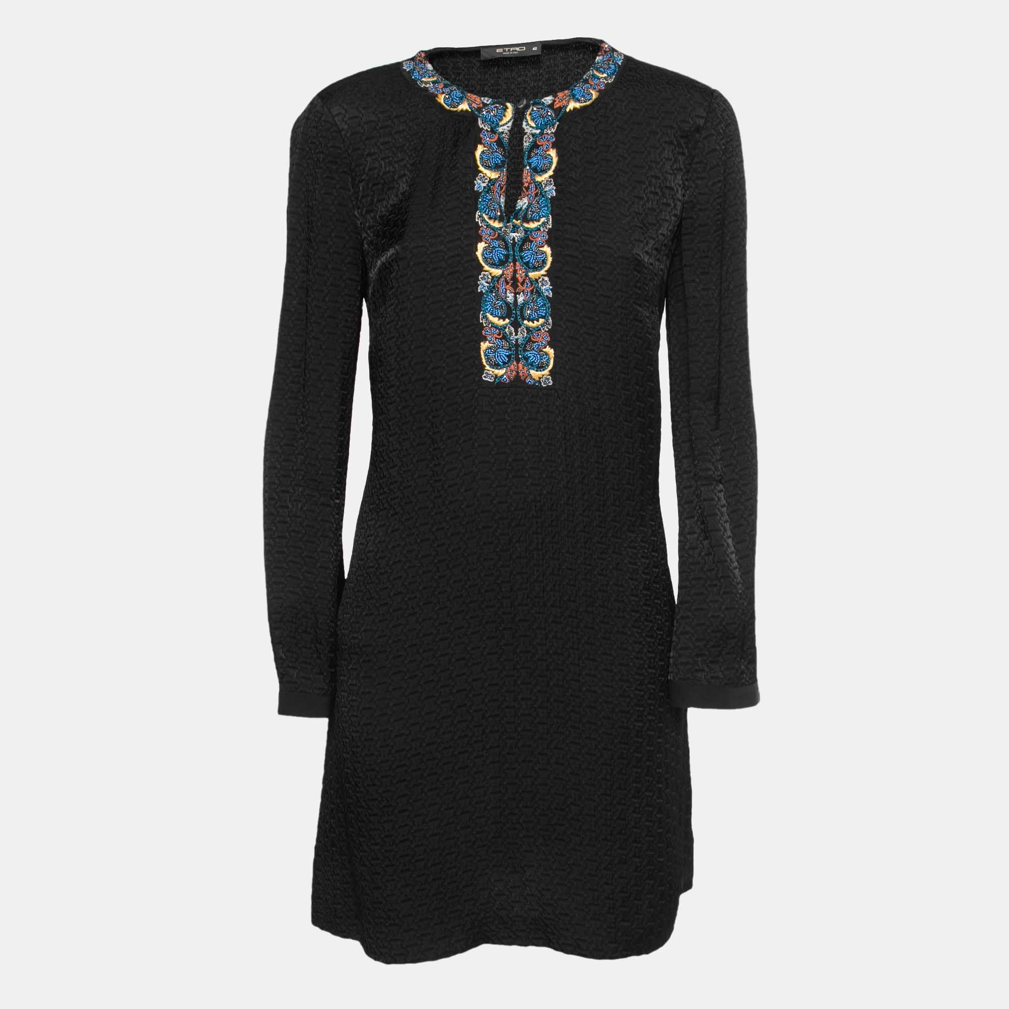 Etro Black Textured Crepe Embellished Neckline Full Sleeve Short Dress M