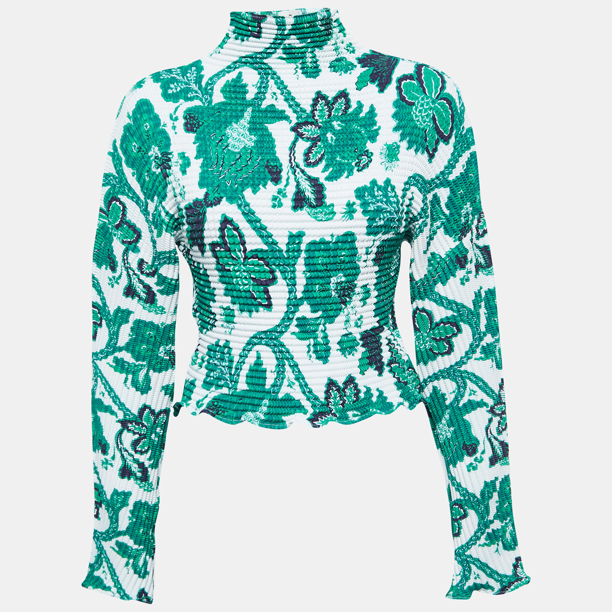 Etro Green Floral Print Stretch Synthetic Long Sleeve Turtle Neck Top M