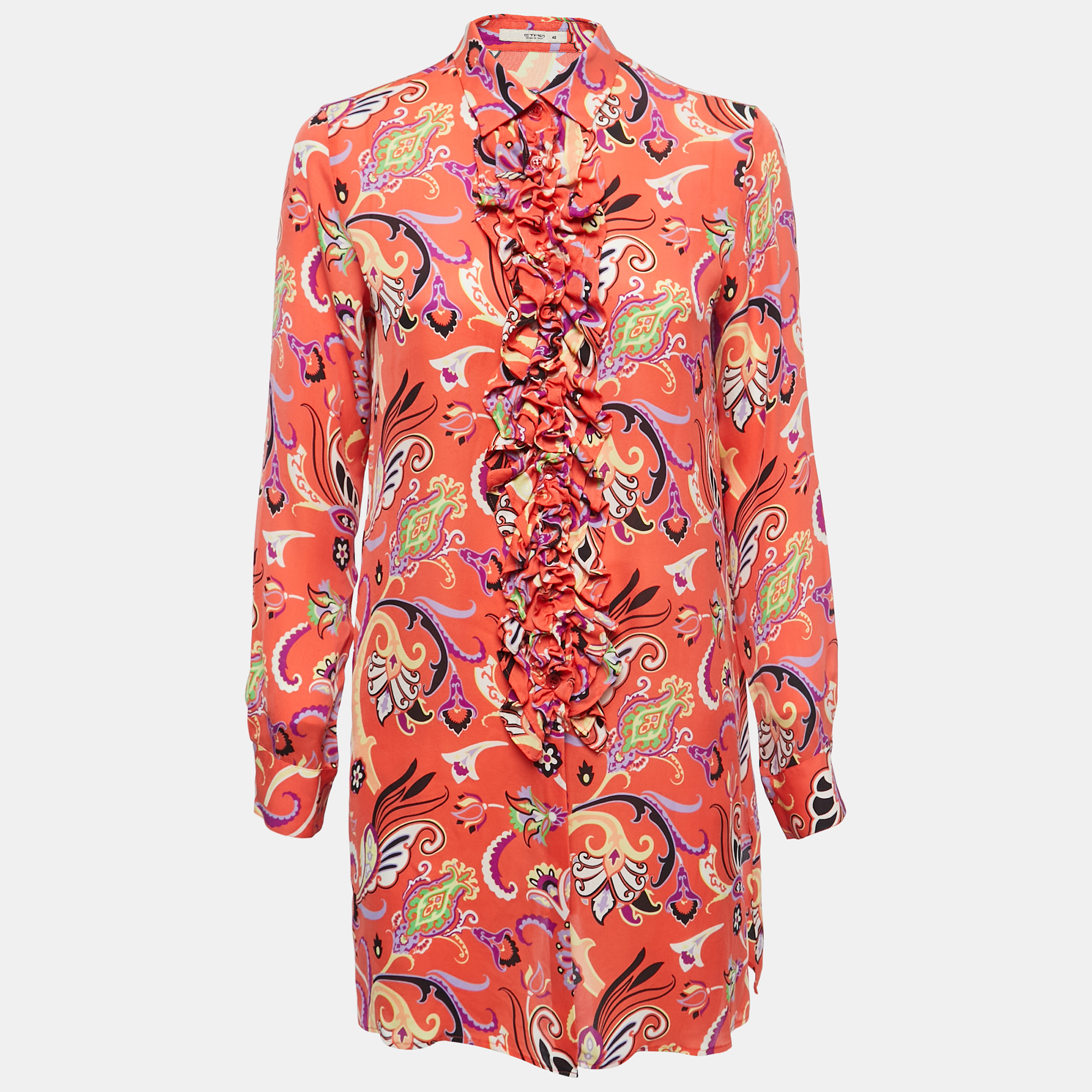 Etro Multicolor Printed Silk Ruffled Button Front Shirt Blouse M
