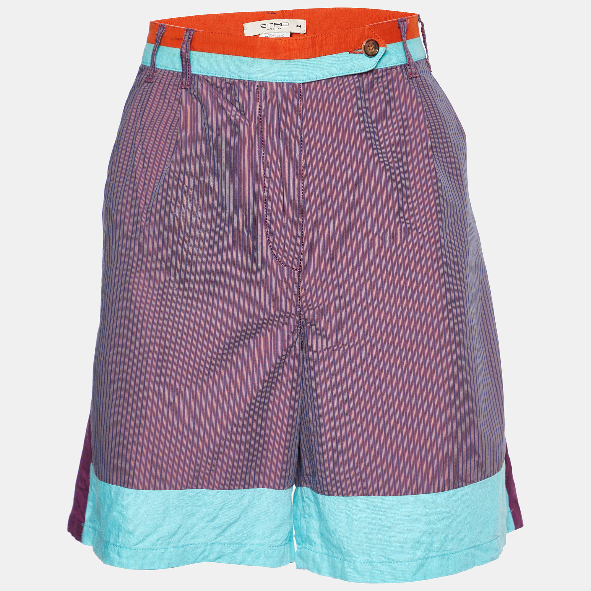 Etro Purple Striped Cotton & Linen Contrast Detail Shorts M