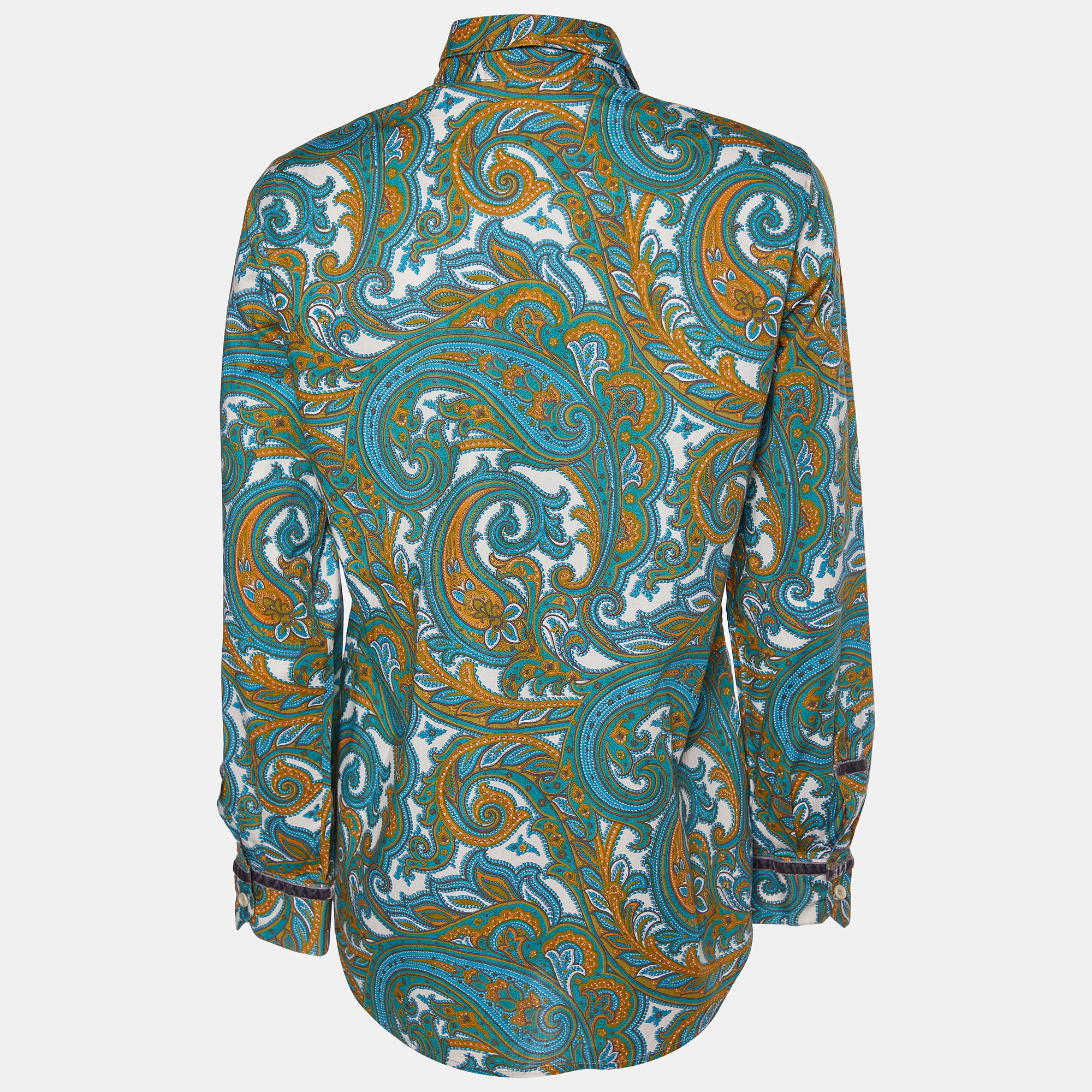 Etro Blue Paisley Printed Cotton & Velvet Trim Shirt M