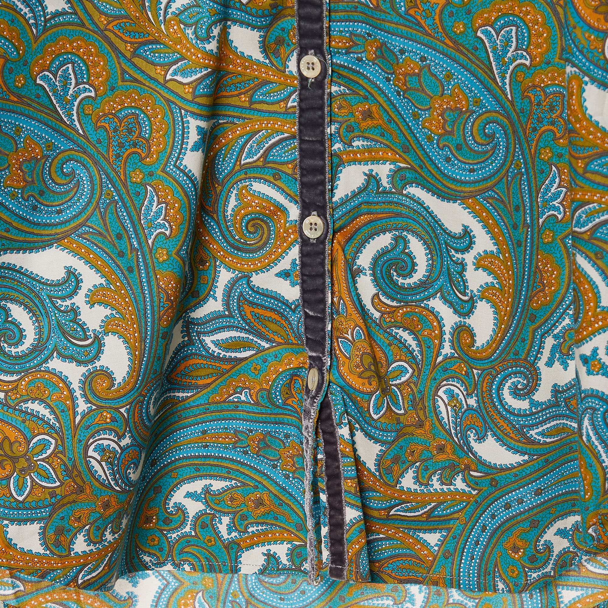 Etro Blue Paisley Printed Cotton & Velvet Trim Shirt M