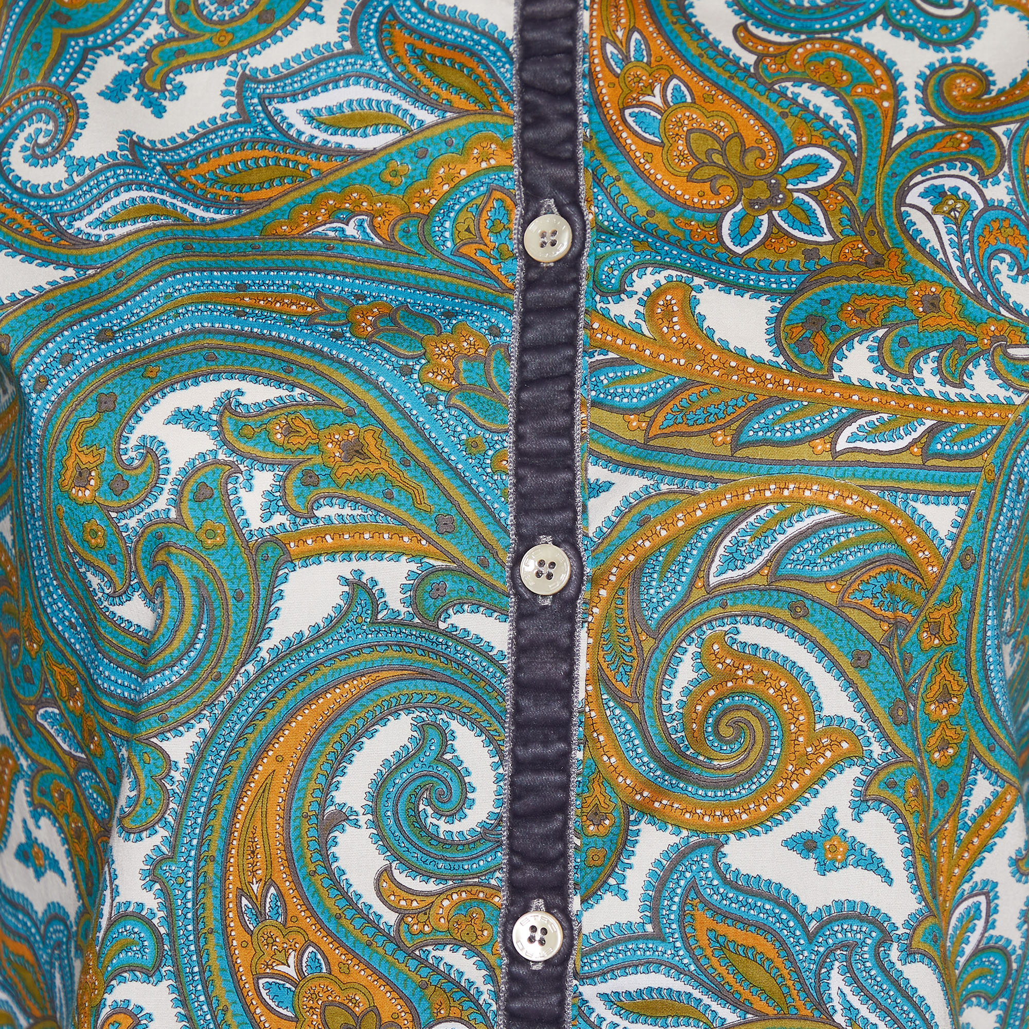 Etro Blue Paisley Printed Cotton & Velvet Trim Shirt M