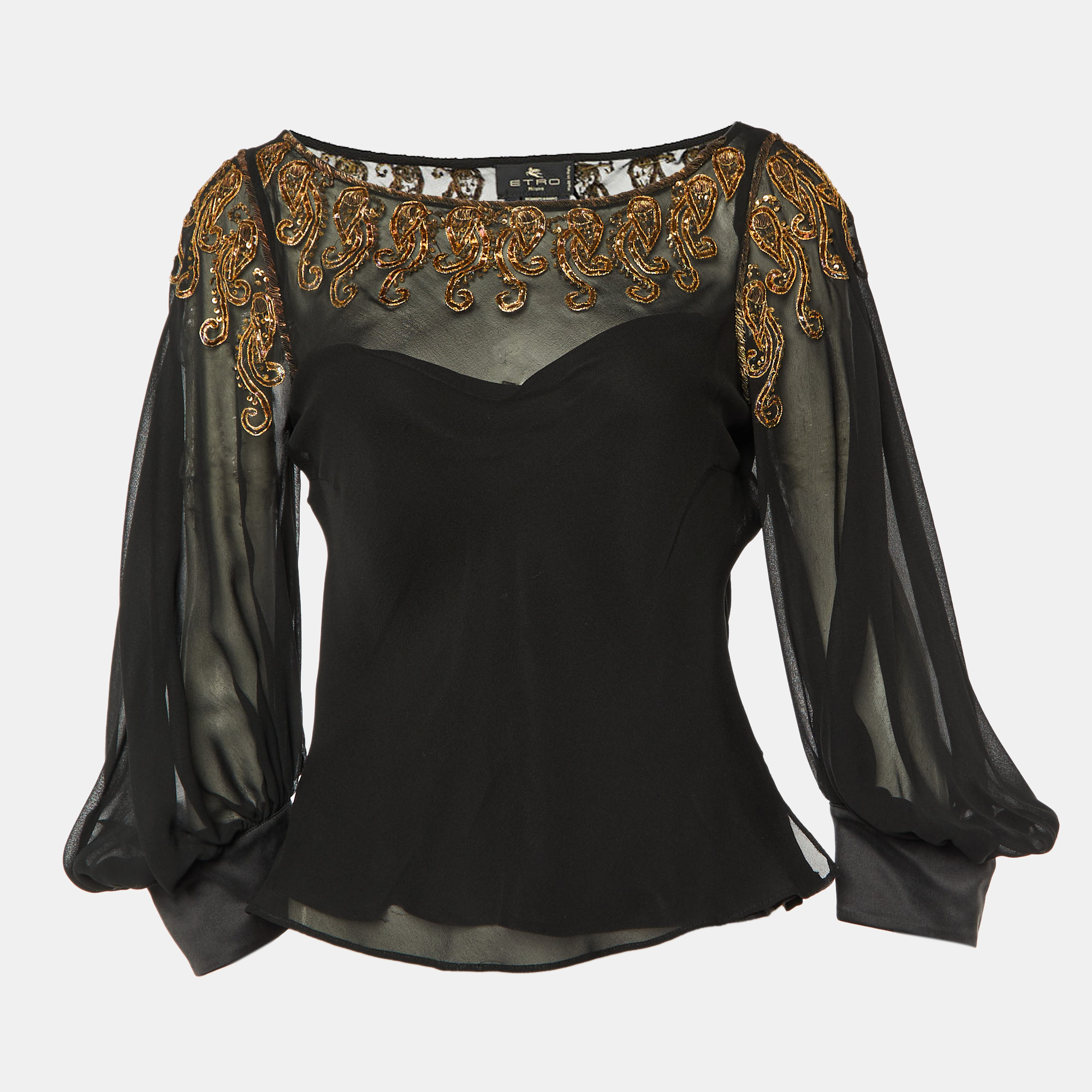 Etro Black Embellished Silk Long Sleeve Blouse M