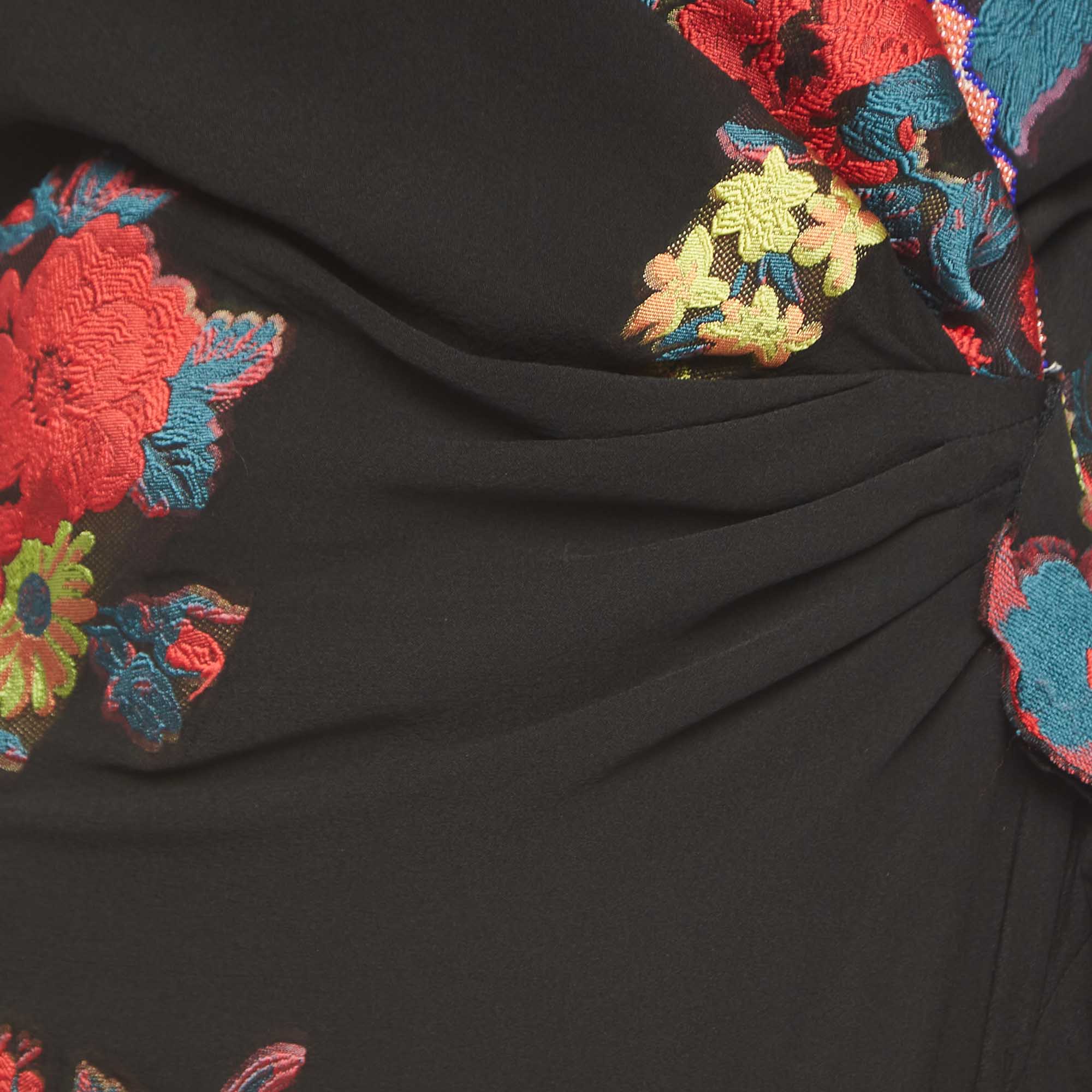 Etro Black Floral Jacquard Silk Blend Draped Midi Dress M