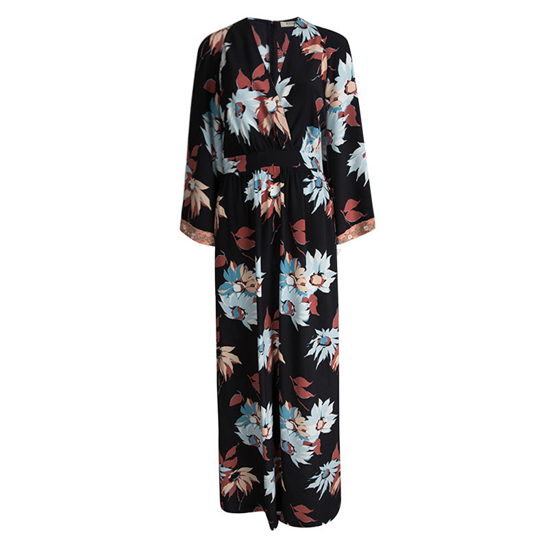 Image of Etro Black Floral Printed Silk Embellished Cuff Detail Maxi Dress S