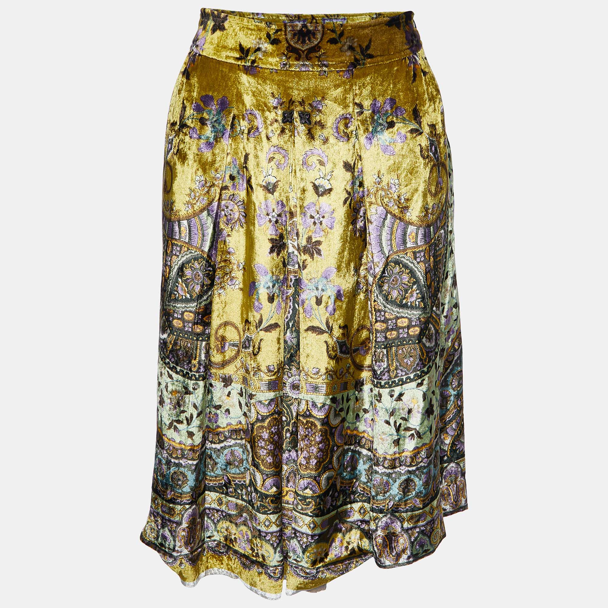 Etro mustard yellow floral print velvet pleated skirt m
