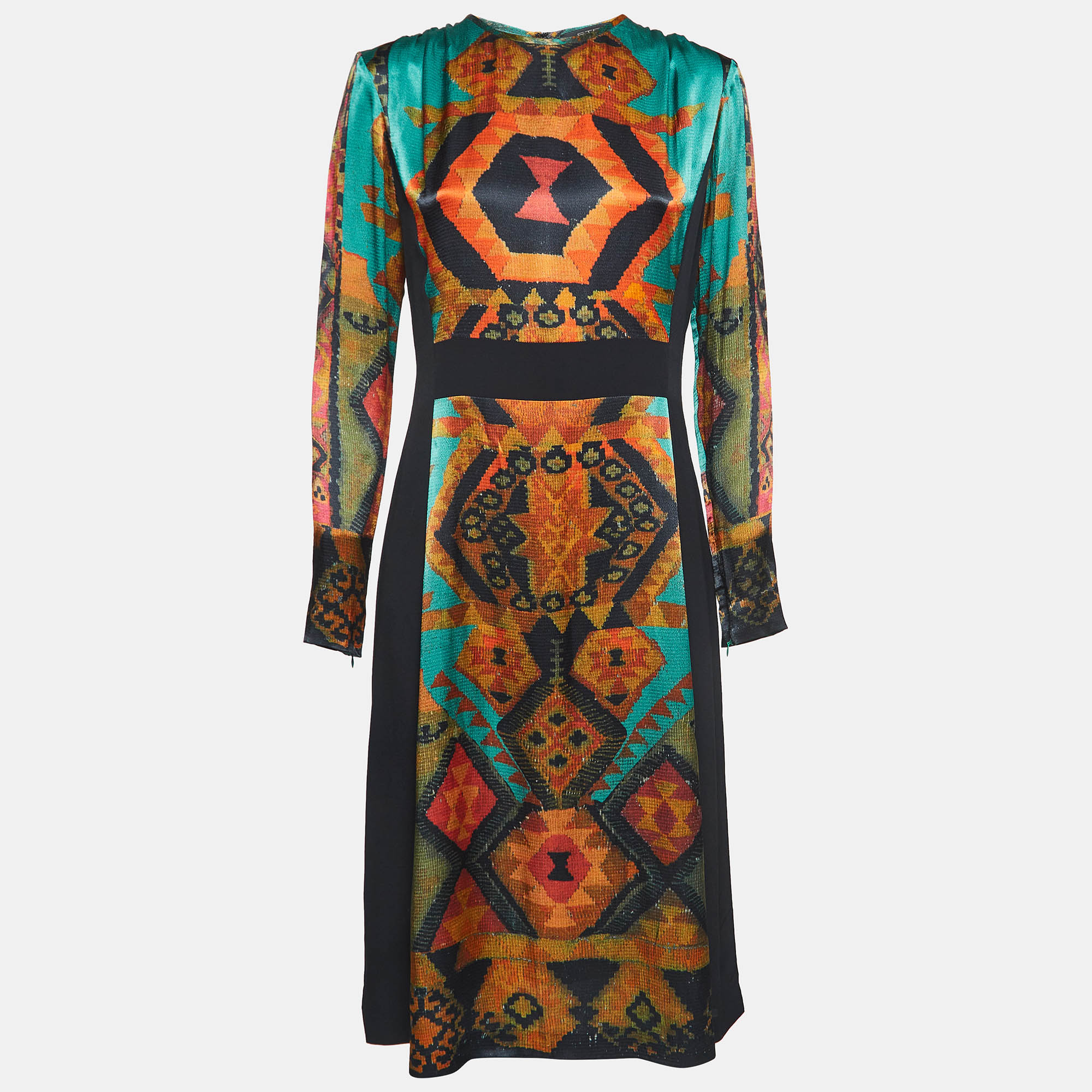 Etro black & multicolor ikat print satin & crepe full sleeve dress m