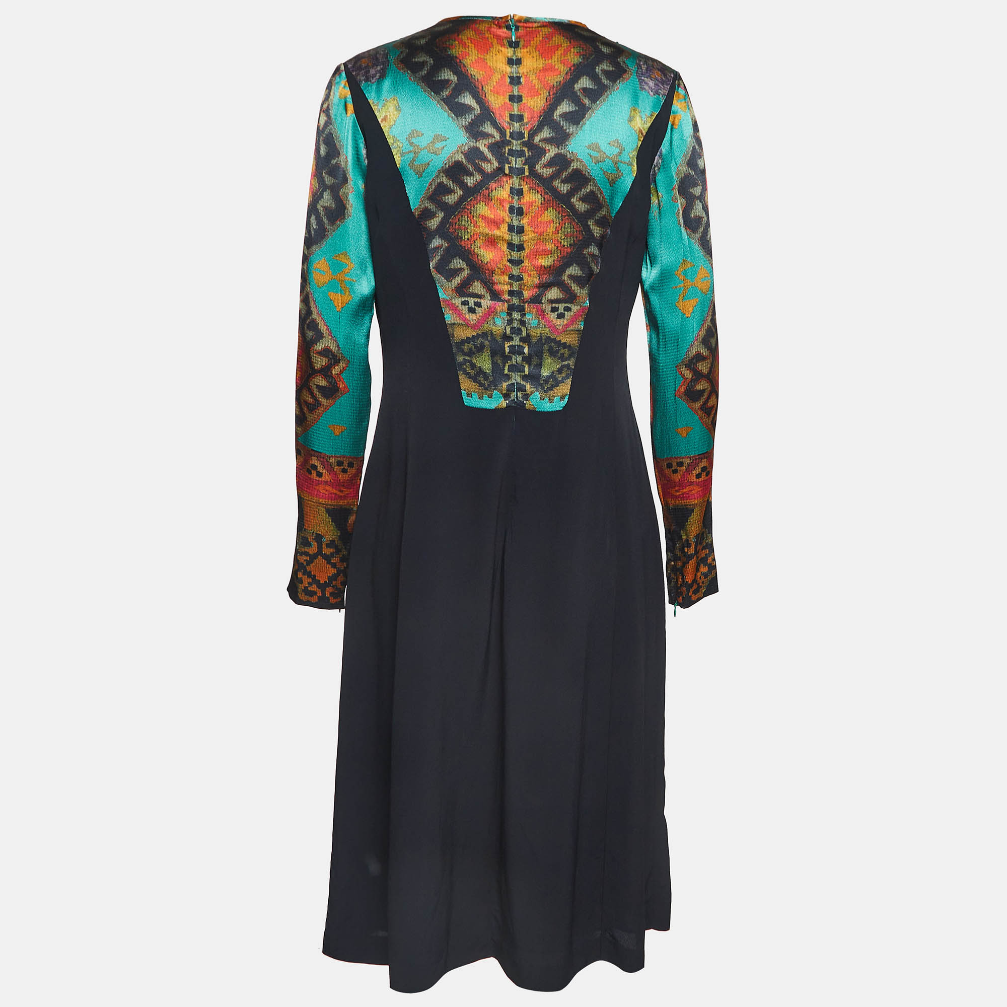 Etro Black & Multicolor Ikat Print Satin & Crepe Full Sleeve Dress M