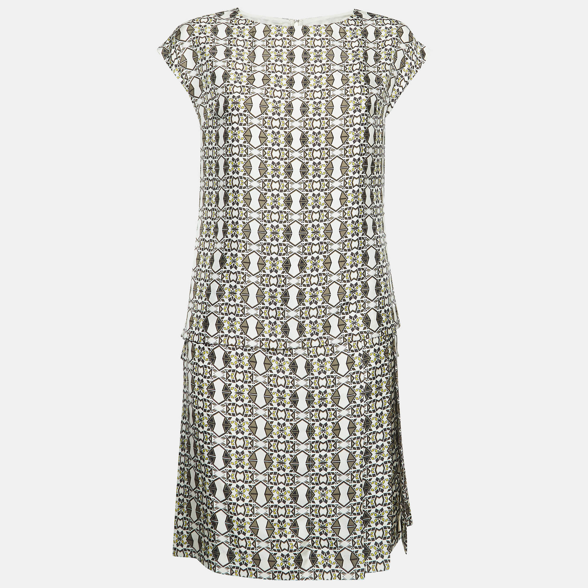 Etro grey geometric print silk pleated mini dress s