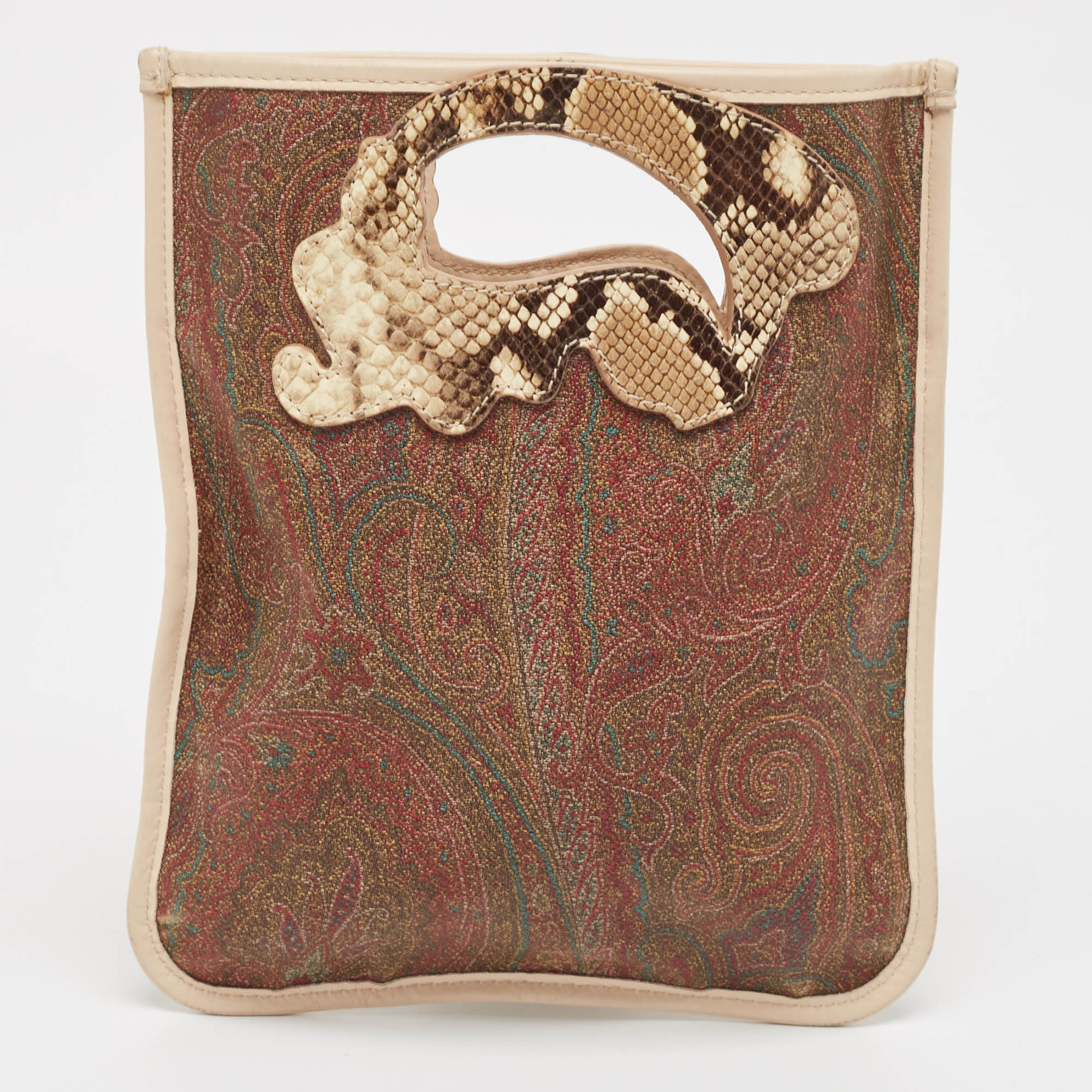 Etro Brown Paisley Print Coated Canvas, Python Embossed And Leather Slim Crossbody Bag