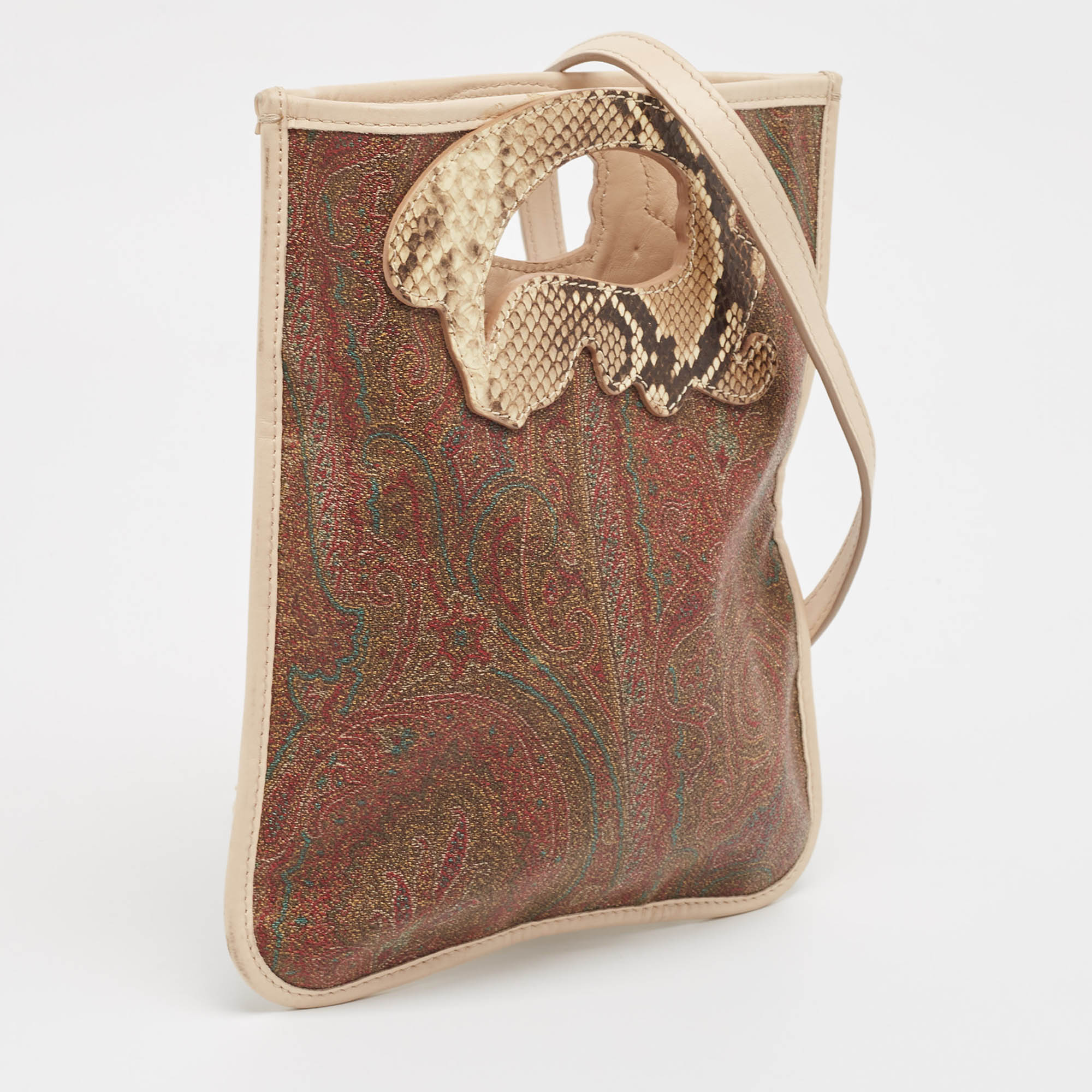 Etro Brown Paisley Print Coated Canvas, Python Embossed And Leather Slim Crossbody Bag