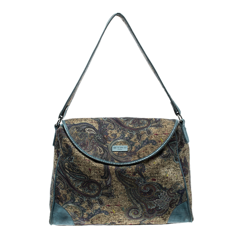 Image of Etro Blue Paisley Printed Canvas Shoulder Bag