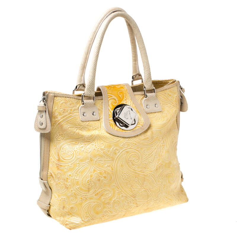 Etro Yellow Paisley Embossed Patent Leather Tote