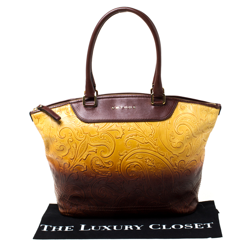 Etro Yellow/Brown Ombre Paisley Embossed Leather Zip Tote