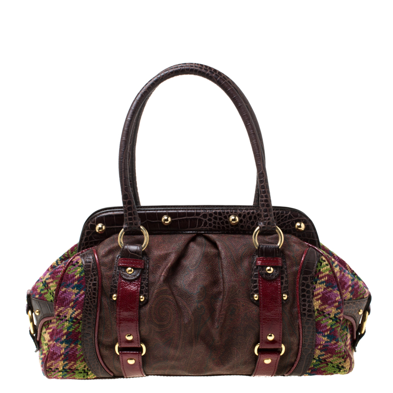 Etro Multicolor Paisley Coated Canvas,Croc Embossed Leather And Fabric Frame Satchel