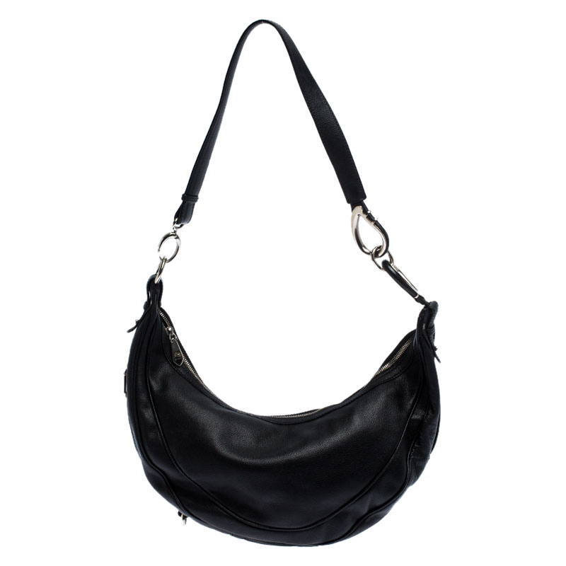 Image of Etro Black Leather Half Moon Shoulder Bag