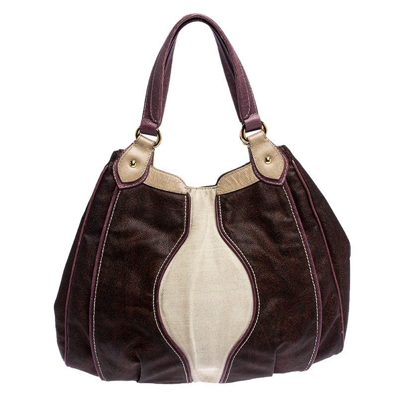 Etro Brown Paisley Printed Coated Canvas Hobo