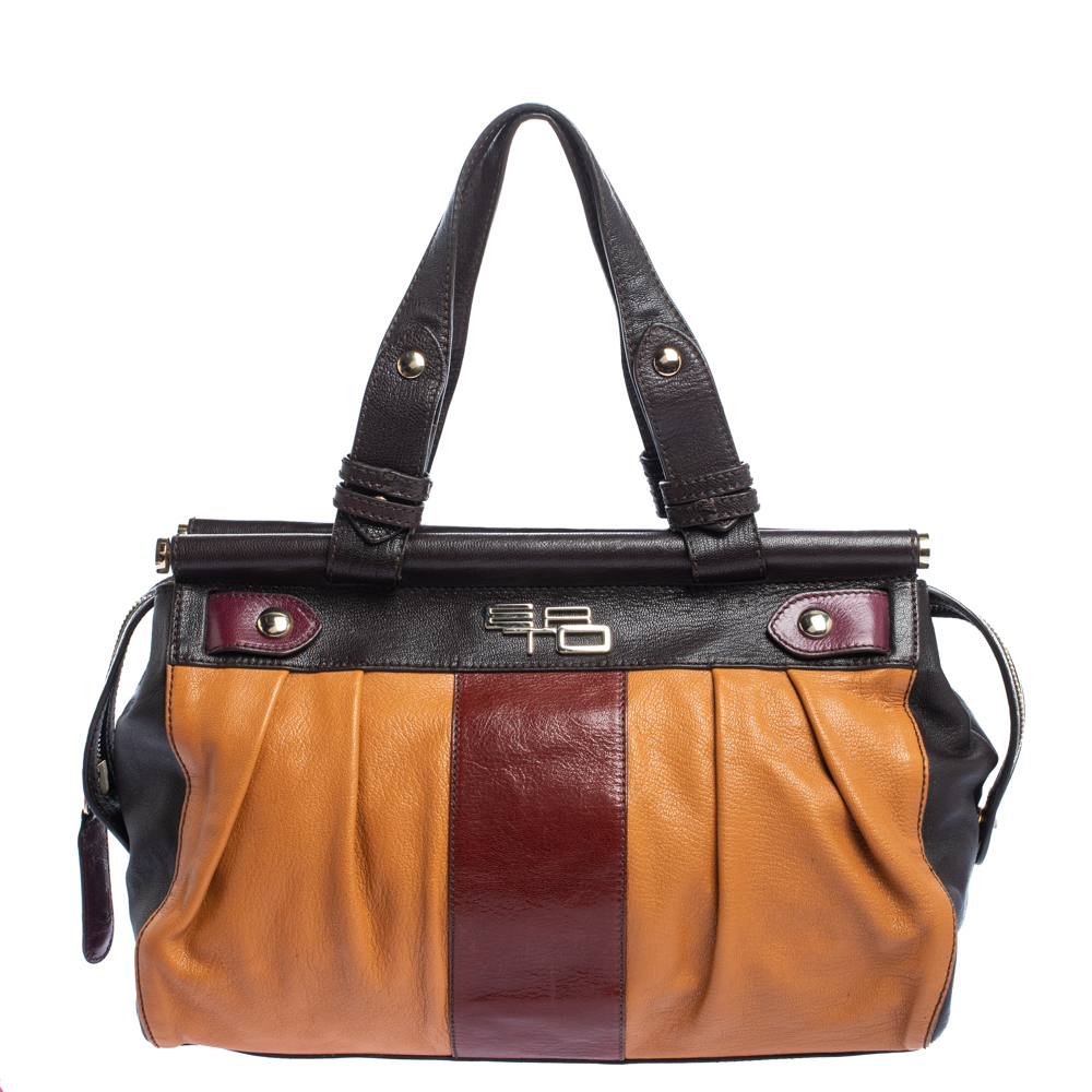 Image of Etro Brown/Mustard Yellow Leather Satchel