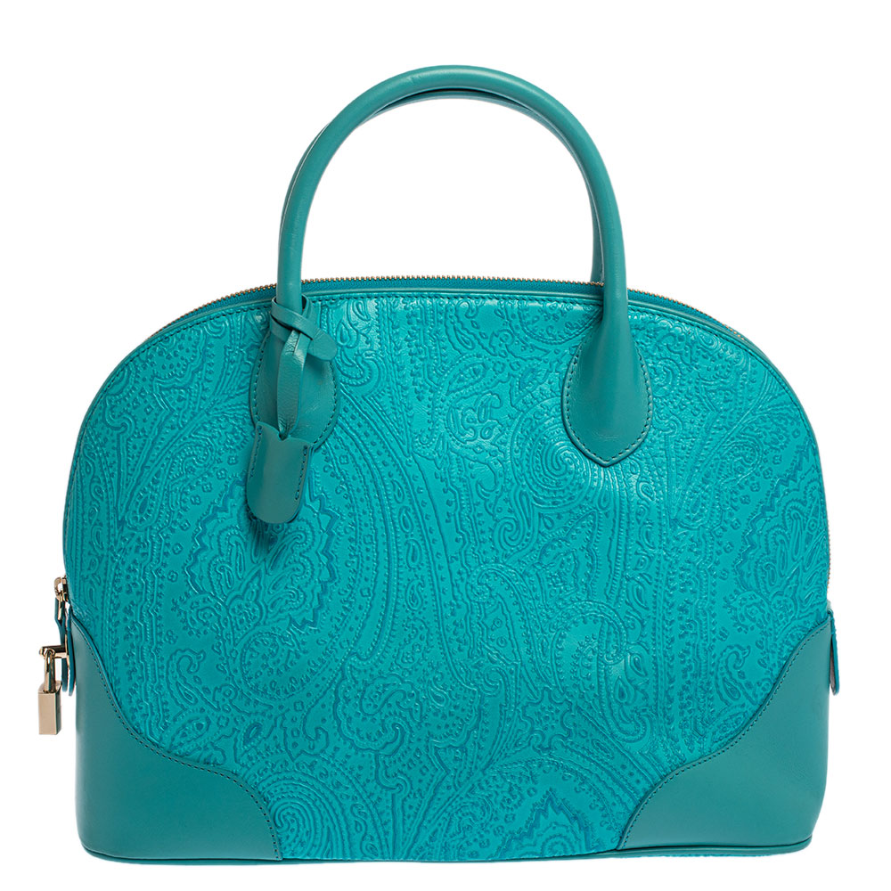 Image of Etro Blue Paisley Embossed Leather Satchel