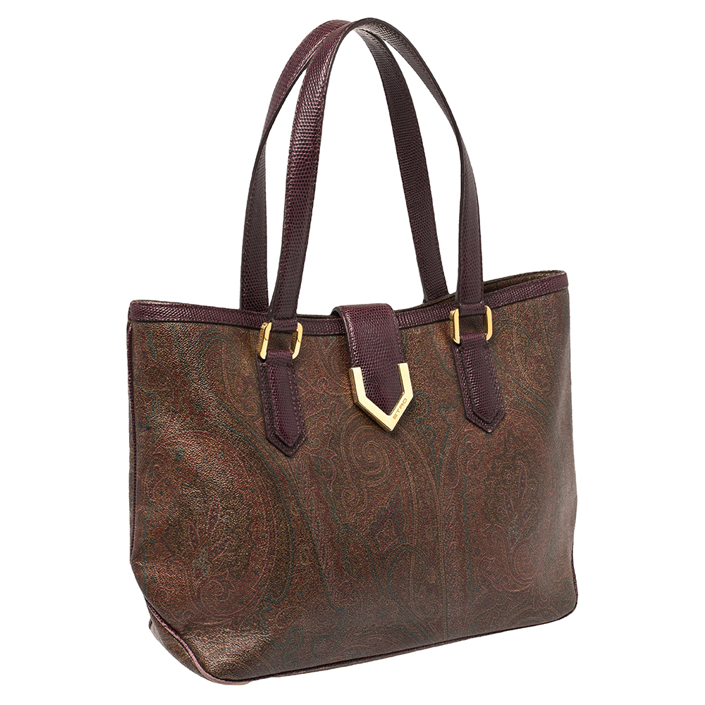Etro Brown Paisley Coated Canvas And Lizard Embossed Tote