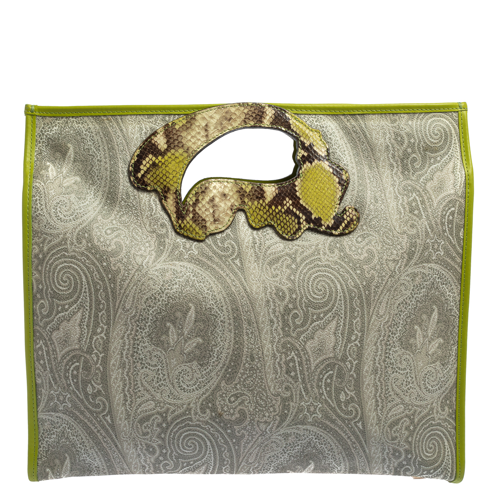 Etro Grey/Green Paisley Coated Canvas Python Embossed Leather Bag
