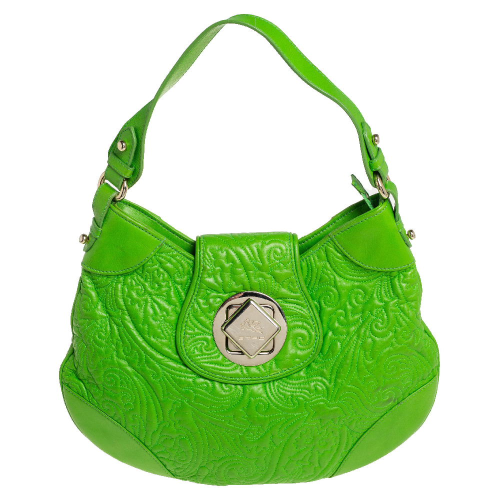 Etro Bright Green Paisley Embossed Leather Flap Hobo