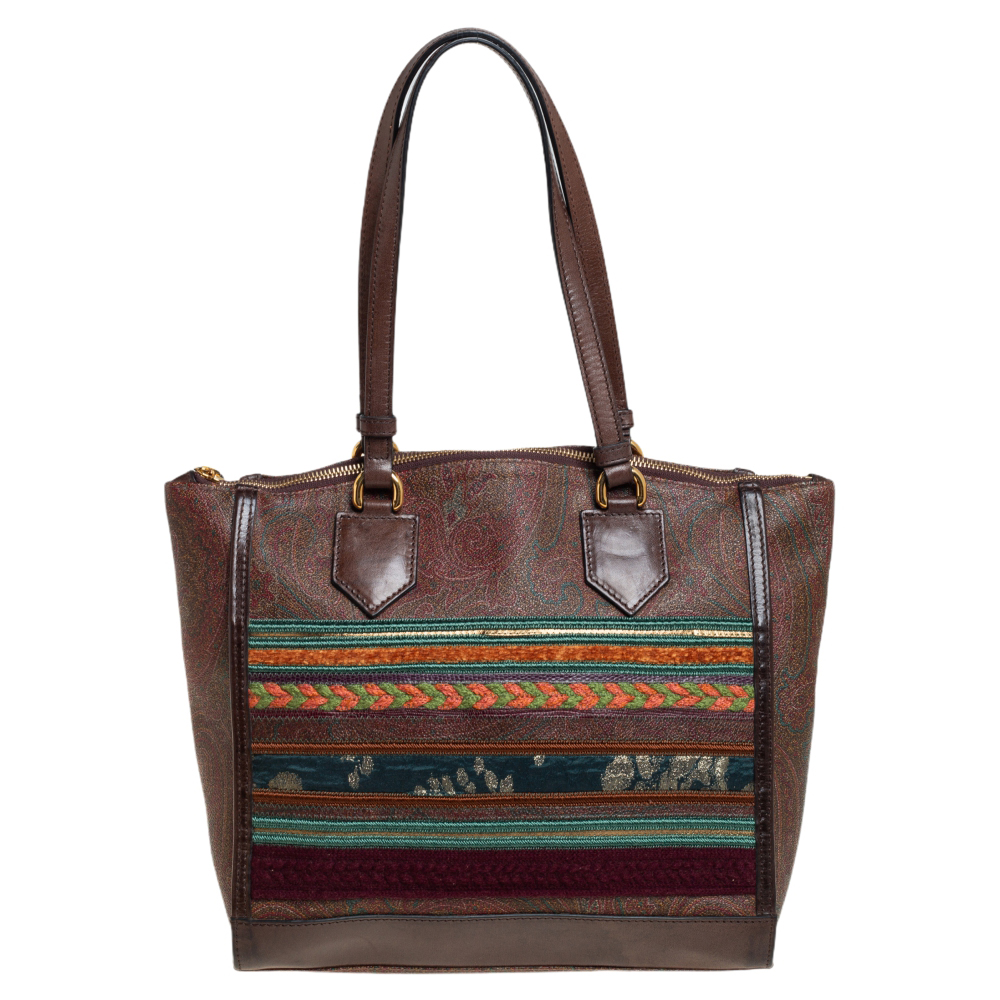 Etro Brown Paisley Printed Coated Canvas And Leather Patchwork Tote