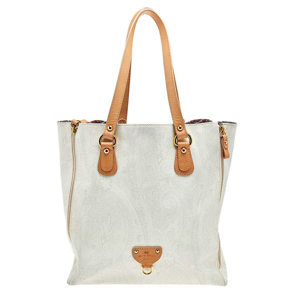 Etro White Paisley Print Coated Canvas And Leather Tote