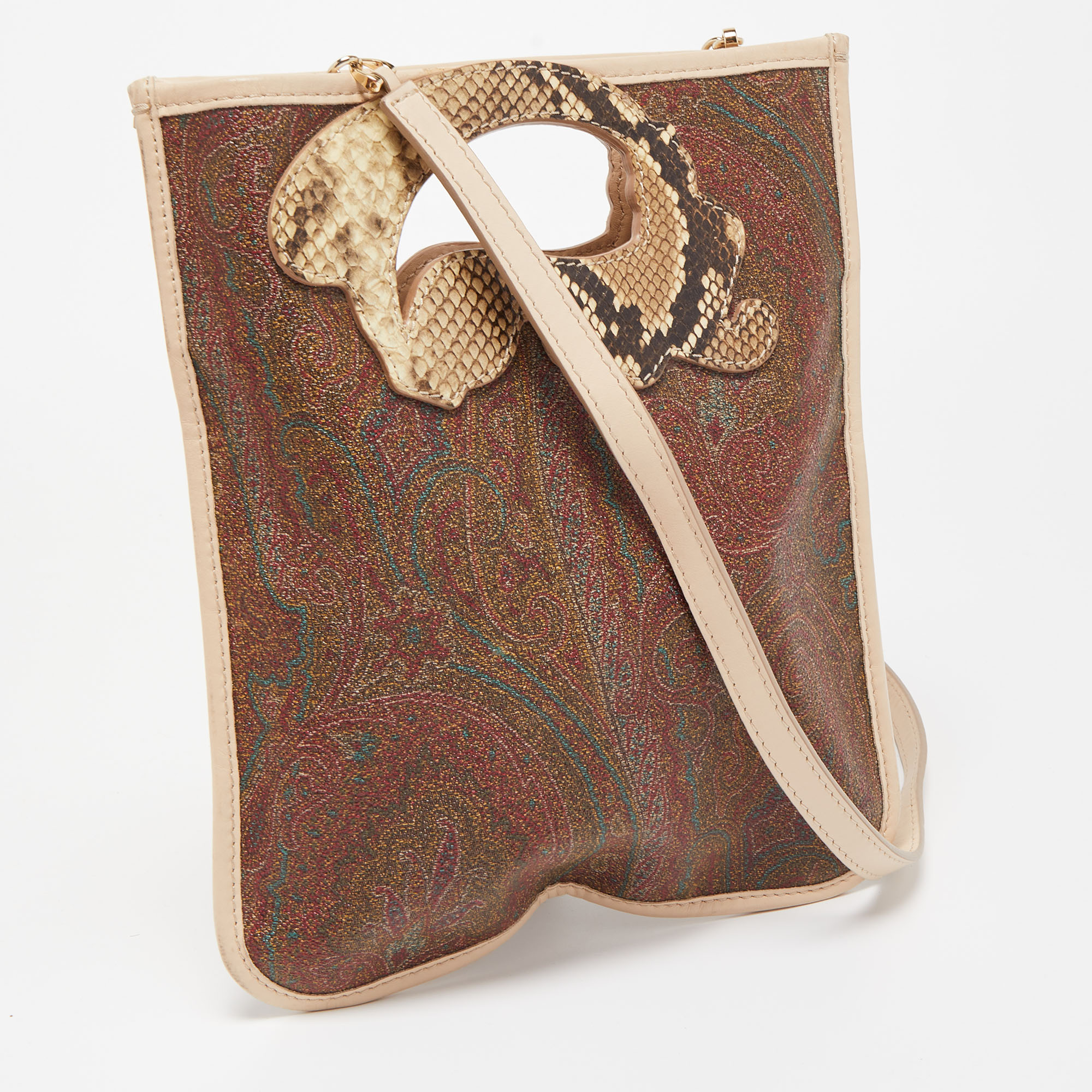 Etro Light Beige/Brown Paisley Coated Canvas Python Embossed Crossbody Bag