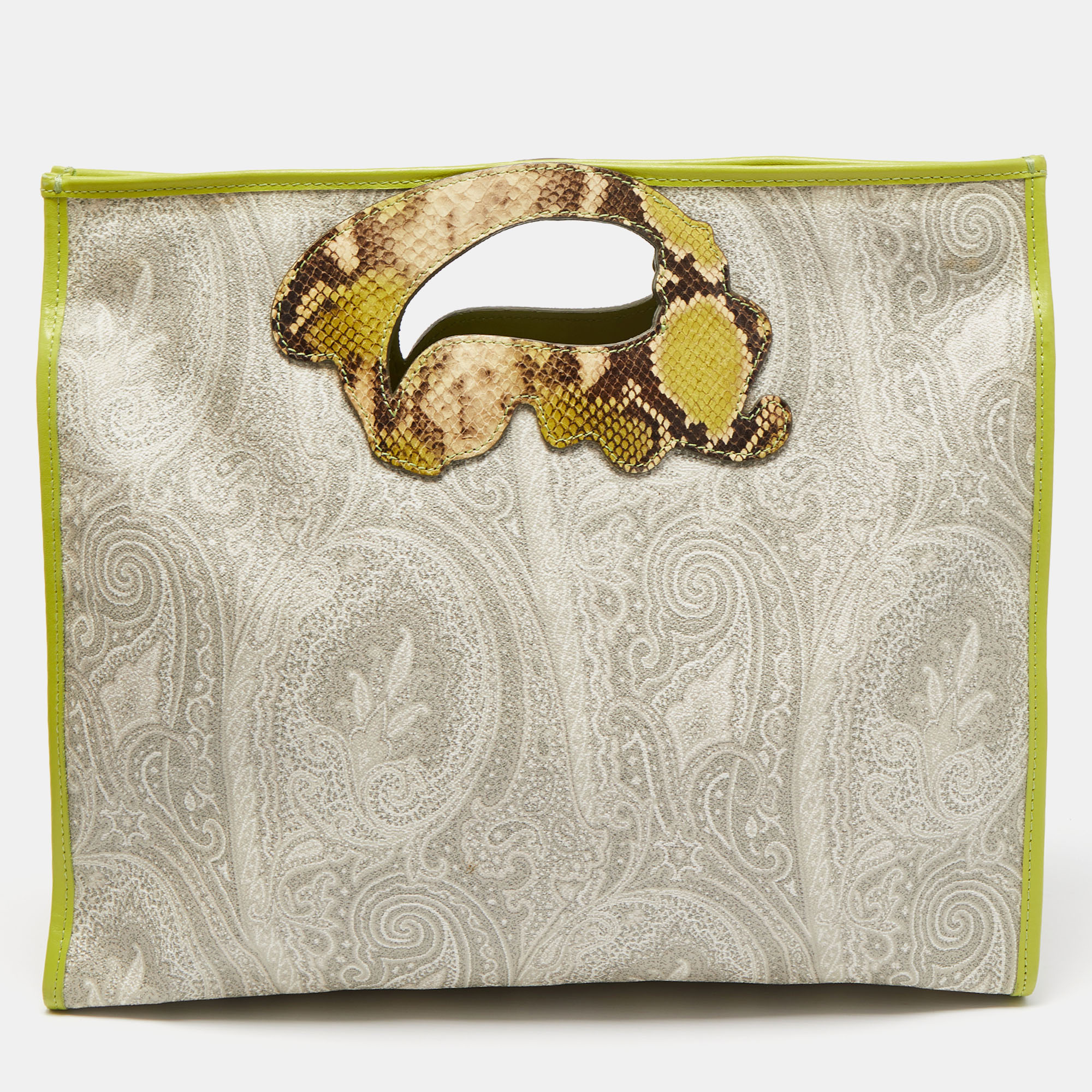 Etro grey/green paisley coated canvas and python embossed leather detail bag