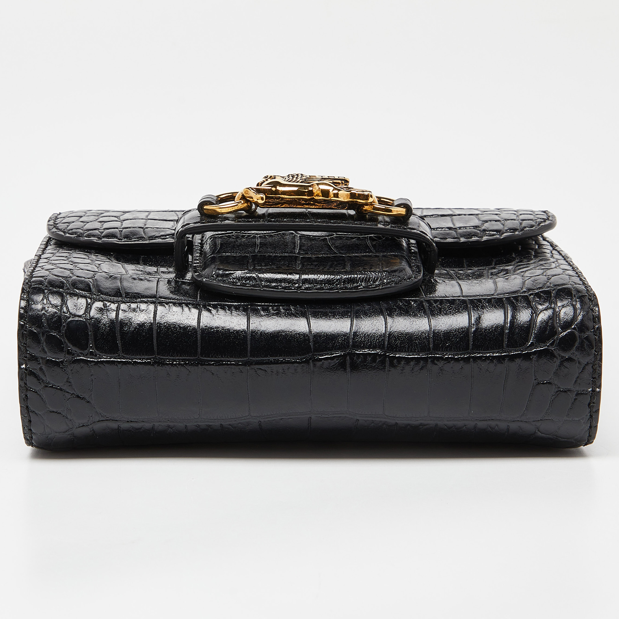 Etro Black Croc Embossed Leather Flap Shoulder Bag