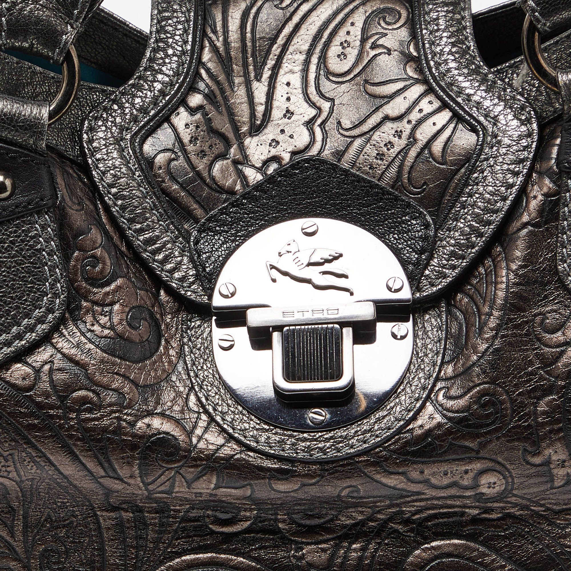 Etro Metallic Paisley Embossed Leather Drawstring Hobo